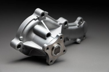 Gri eğimli arka planda bir yolcu aracının içten yanmalı motoru için yeni soğutma pompası