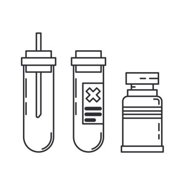 Hat tıbbi ilaç seti ikon şişesi, tüp. Profesyonel ekipman sembolü. Bilim, eczane, sıhhiye, kimya geçmişi amblem elementi. Laboratuvar camı. Vektör tıbbi özet çizimi.