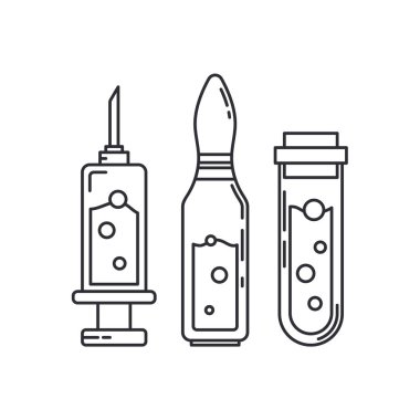 Hat tıbbi ilaç seti ikon şişesi, ampul, şırınga. Profesyonel ekipman sembolü. Bilim, eczane, sıhhiye, kimya geçmişi amblem elementi. Laboratuvar camı. Vektör özet çizimi