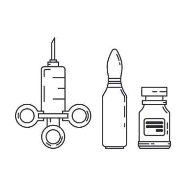 Hat tıbbi ilaç seti ikon şişesi, ampul, şırınga. Profesyonel ekipman sembolü. Bilim, eczane, sıhhiye, kimya geçmişi amblem elementi. Laboratuvar camı. Vektör özet çizimi