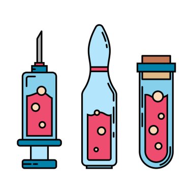 Renkli tıbbi ilaç seti ikon şişesi, ampul, şırınga. Profesyonel ekipman sembolü. Bilim, eczane tıbbi kimya arka plan amblem elementi. Laboratuvar camı. Vektör özet çizimi