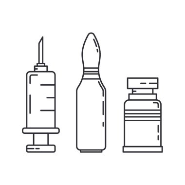Hat tıbbi ilaç seti ikon şişesi, ampul, şırınga. Profesyonel ekipman sembolü. Bilim, eczane, sıhhiye, kimya geçmişi amblem elementi. Laboratuvar camı. Vektör özet çizimi