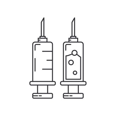Hat sağlık ikonu seti - şırınga. Profesyonel ekipman sembolü. Bilim, eczane, sıhhiye, kimya geçmişi amblem elementi. Laboratuvar testi. Vektör tıbbi özet çizimi.