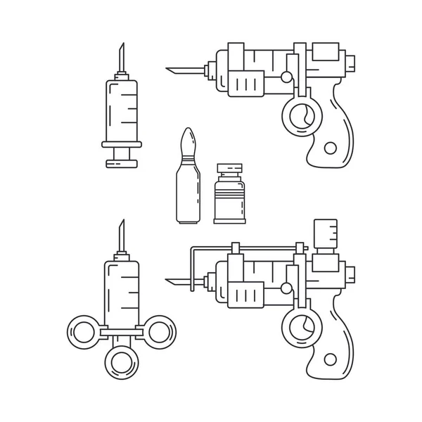 Line medical healthcare art icon set pistola de inyección, ampolla, jeringa. Símbolo de equipo profesional. Farmacia científica, elemento emblema de fondo químico. Prueba de laboratorio. Ilustración del esquema vectorial — Archivo Imágenes Vectoriales