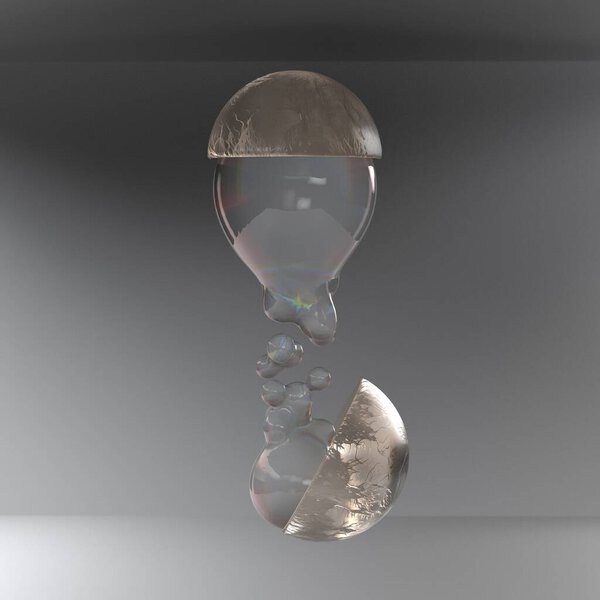 Всплески прозрачной жидкой воды в белой пластиковой чашке полушария на заднем плане. 3D рендеринг