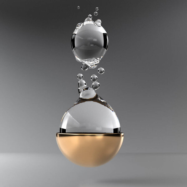 Splashes of transparent liquid water in a white plastic hemisphere cup in the background. 3d render