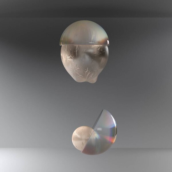 Splashes of transparent liquid water in a white plastic hemisphere cup in the background. 3d render