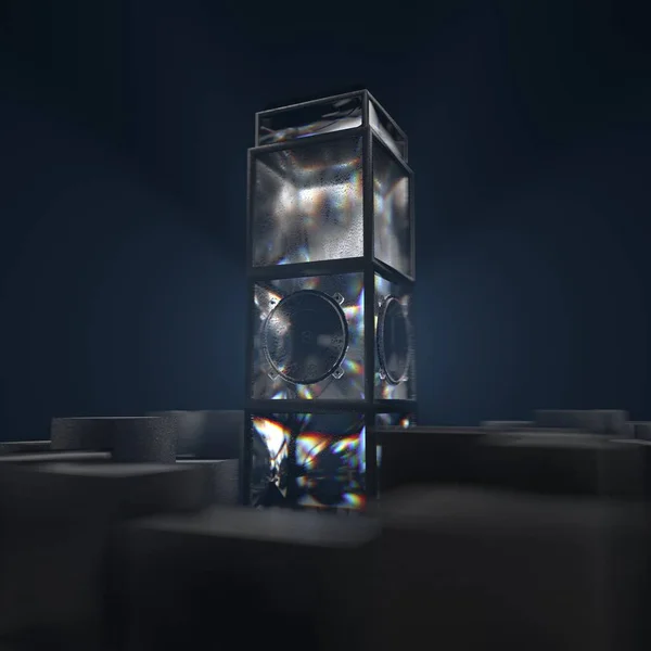 Musikaliskt Lysande Glas Transparent Svart Kolumn Stor Render Stora Högtalare — Stockfoto