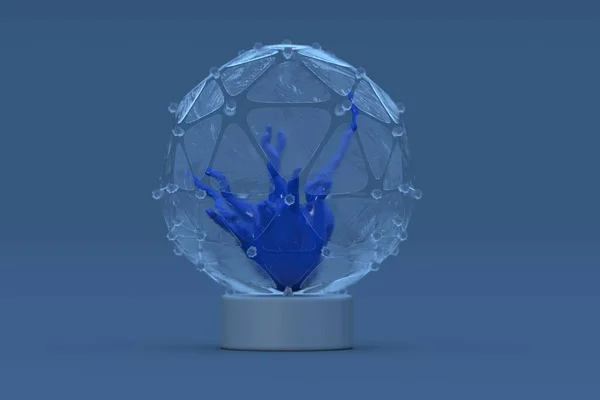 3D渲染蓝色背景的蓝珊瑚玻璃足球 — 图库照片