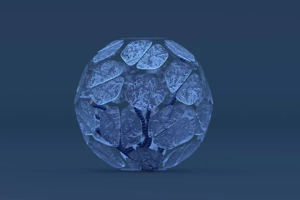 3d render glass soccer ball with blue coral inside on a blue background