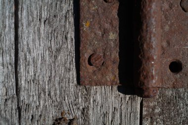 Ahşap bir çitin üzerindeki paslı tel parçası. Eski bir tahta parçasında paslı bir demir parçası