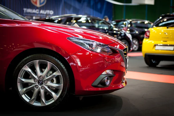 BUCHAREST - OCTOBER 2: A Mazda 3 display at the 2015 Bucharest Auto Show (SAB) on October 2, 2015 in Bucharest, Romania. — Stock Photo, Image