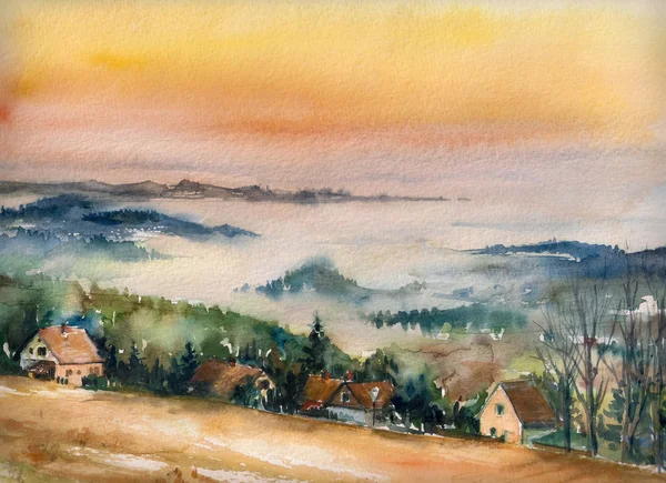 Mountain landscape watercolor painted — Zdjęcie stockowe
