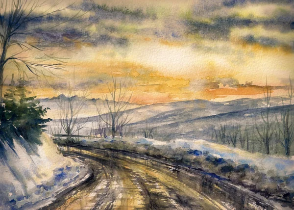 Paisaje invernal con la carretera — Stok fotoğraf