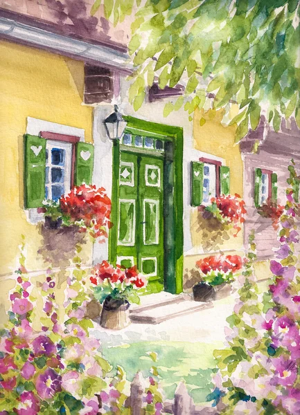 Green door watercolors painted — Stock Photo, Image