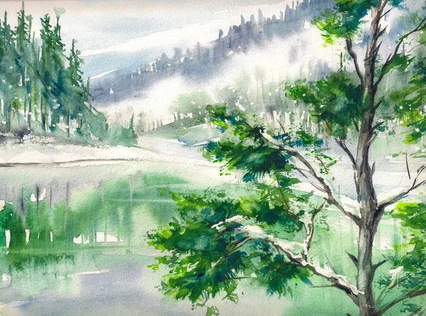 Lake aquarellen geschilderd — Stockfoto