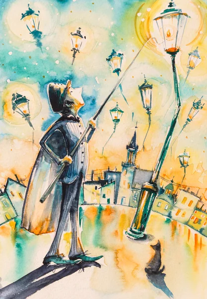 Lamplighter watercolor painted — Stock Photo, Image