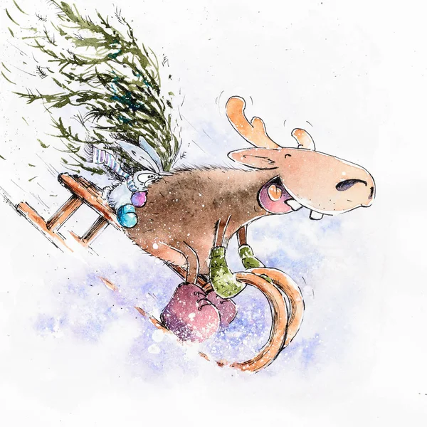 Renifer Króliczek Sankach Cute Christmas Ilustracji Akwarele Malowane — Zdjęcie stockowe