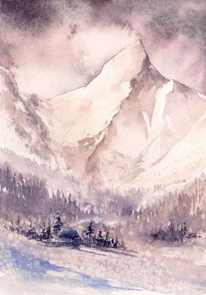 Zimowy Krajobraz Drewnianym Domem Śnieżnych Górach Obraz Stworzony Akwarelami — Zdjęcie stockowe
