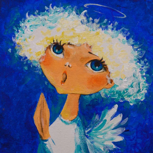 Cute Cartoon Christmas Angel Isolated Blue Background Picture Created Acrylic — Stock Photo, Image