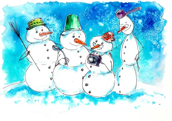 Immage Cartoon Snowmen Family Picture Created Watercolors — Stock Photo, Image