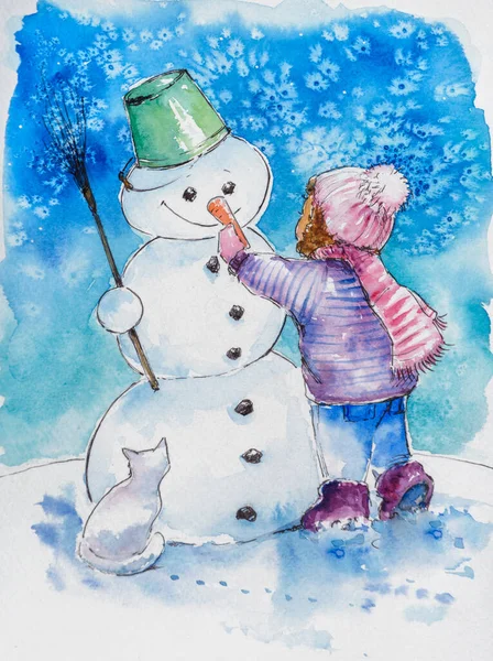 手绘水彩画 画的是一个小孩和一只小猫在做雪人 冬季明信片 — 图库照片