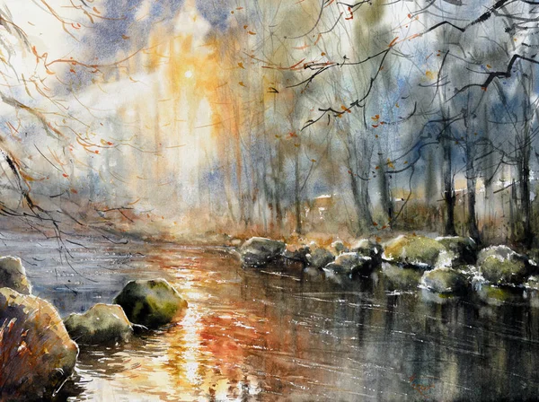 秋天日落时 森林溪流落下 自然背景 水彩画 — 图库照片
