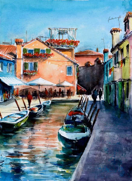 Building Landmarks Colorful Houses Burano Island Italy Picture Created Watercolors — Stock Photo, Image