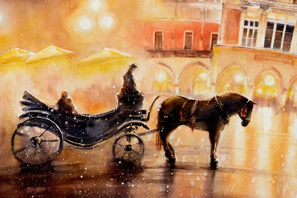夜には馬車に乗るのを待っている 水彩で描いた絵 — ストック写真