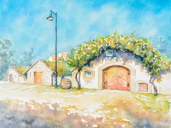 Traditional Wine Cellar Village Lake Neusiedler See Burgenland Austria Watercolors — Stock Photo, Image