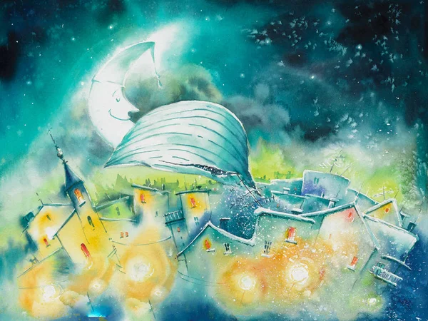 Sleeping moon in nightcap over a city. Hand drawn watercolor illustration.