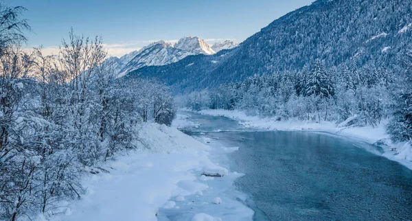 Rivière Entourée Arbres Enneigés Une Belle Montagne Arrière Plan — Photo