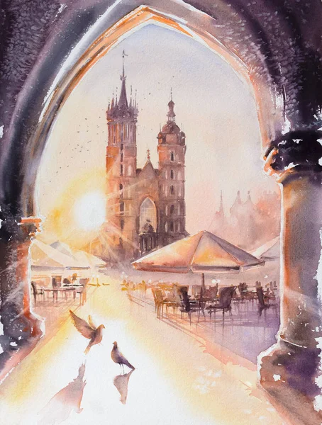 圣玛丽教堂在主市场广场日出 用水彩画的图片 — 图库照片