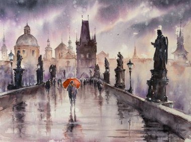 Charles Köprüsü, Vltava Nehri 'ni geçen tarihi köprü, Prag, Çek Cumhuriyeti. Resim suluboyalarla oluşturuldu.