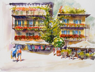 Limone Sul Garda, Lombardy, İtalya. Dükkanları ve renkli evleri olan şehir merkezi. Resim suluboya ile oluşturuldu.