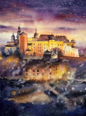 Polonya, Krakow 'daki Wawel kalesinin gece görüşü. Resim suluboya ile oluşturuldu.