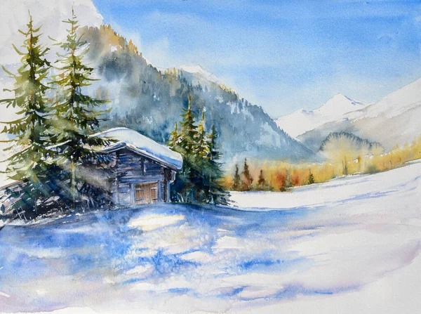 Paisaje Invernal Con Casa Madera Montañas Nevadas Pintura Acuarelas —  Fotos de Stock