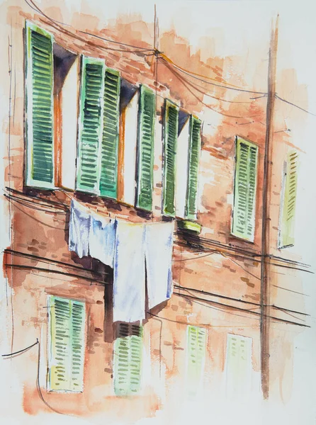 Eski Bir Yüzün Penceresinden Sarkan Kuru Giysiler Resim Suluboya Ile — Stok fotoğraf