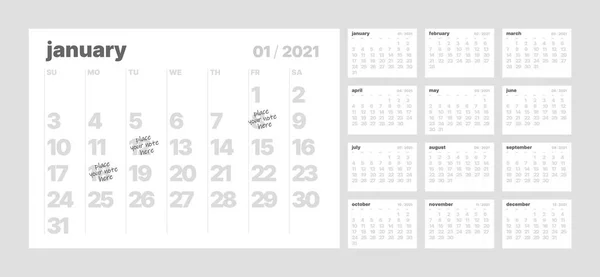 Calendario mensual para 2021 año. La semana comienza el domingo. — Archivo Imágenes Vectoriales