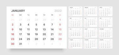 2022 yılı için aylık takvim. Hafta Pazar günü başlıyor..