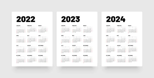 Månadskalender för 2022, 2023 och 2024 år. Veckan börjar på söndag. — Stock vektor