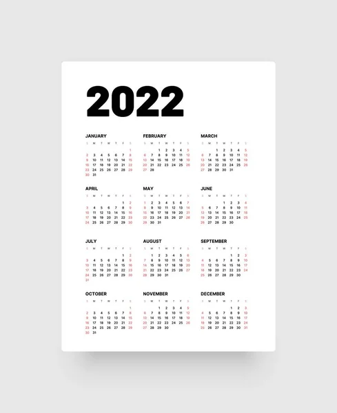 Monthly calendar for 2022 year. Week Starts on Sunday. — Stock Vector