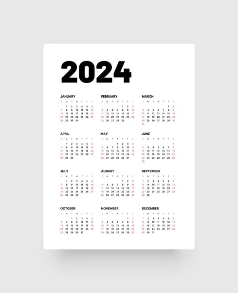 Monthly calendar for 2024 year. Week Starts on Sunday. — Stock Vector