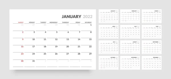 Calendario mensual para 2022 año. La semana comienza el domingo. — Vector de stock