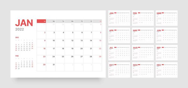 Ежемесячный календарь на 2022 год. Неделя начинается в воскресенье.