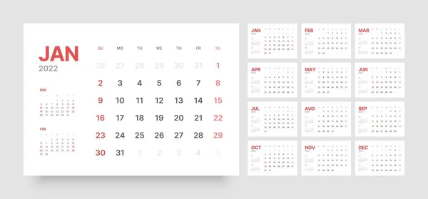 Ежемесячный календарь на 2022 год. Неделя начинается в воскресенье. — стоковый вектор