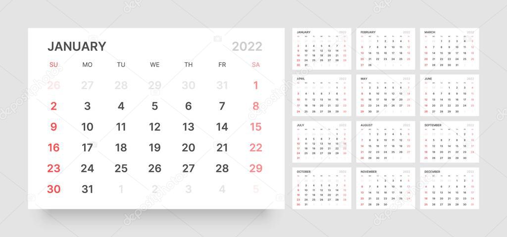 Monthly calendar for 2022 year. Week Starts on Sunday.