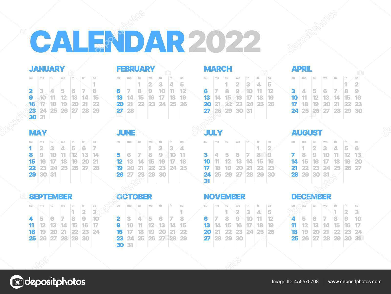 Monthly calendar for 2022 year week starts on sunday stock vector