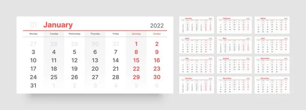 Calendario mensual para 2022 año. Semana comienza el lunes. — Archivo Imágenes Vectoriales