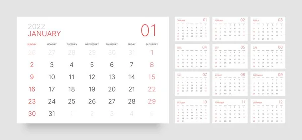 Modelo de calendário para 2022 com início de semana no domingo. — Vetor de Stock